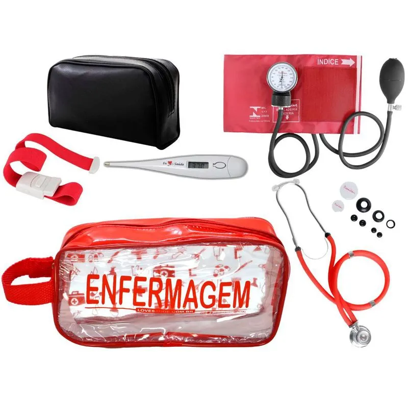 Kit Enfermagem Aparelho Pressão Esteto Vermelho Transparente