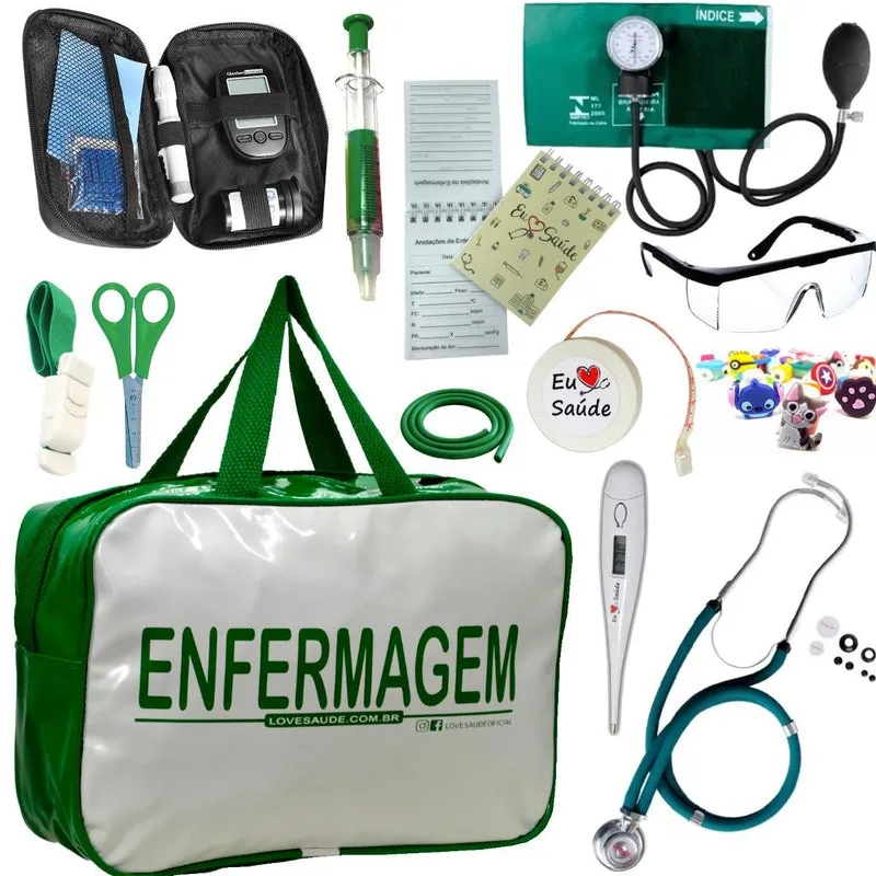 Kit Enfermagem Completo + Medidor Glicose - Verde Premium