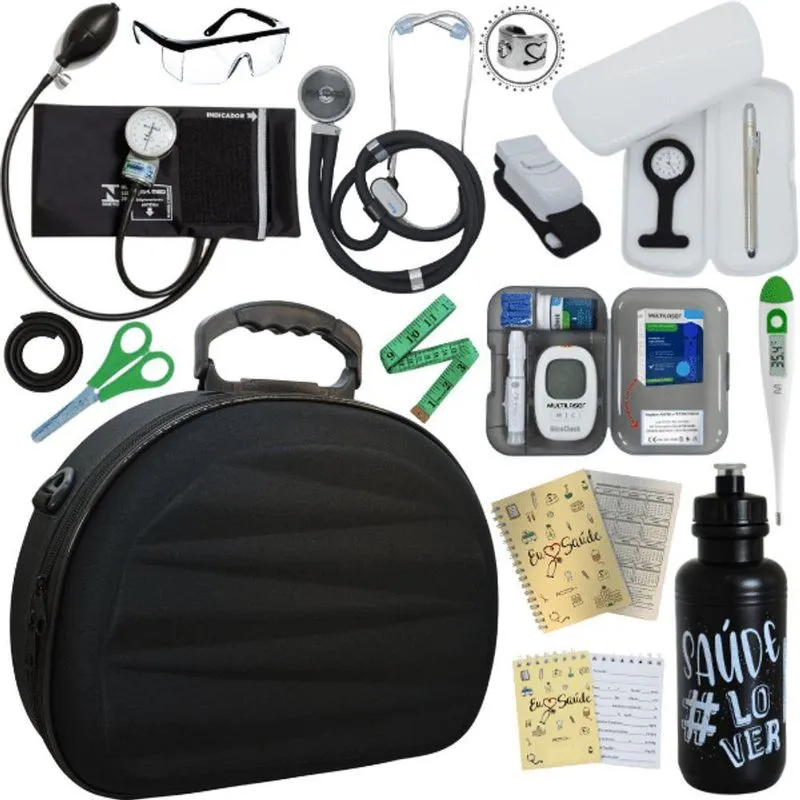Kit Maleta Aparelho De Pressão Aneroide Esteto Esfigmomanometro Medidor De Glicose Preto