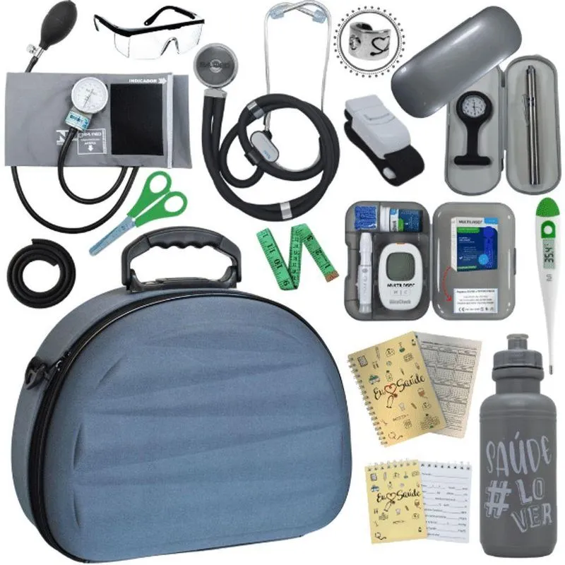 Kit Maleta Aparelho De Pressão Aneroide Esteto Esfigmomanometro Medidor De Glicose Cinza
