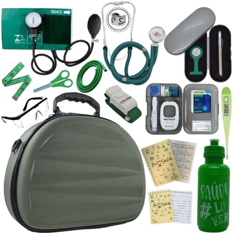 Kit Maleta Aparelho De Pressão Aneroide Esteto Esfigmomanometro Medidor De Glicose Verde