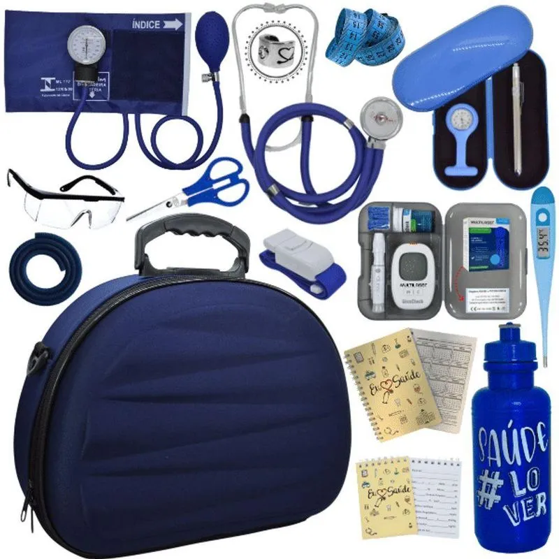 Kit Maleta Aparelho De Pressão Aneroide Esteto Esfigmomanometro Medidor De Glicose Azul