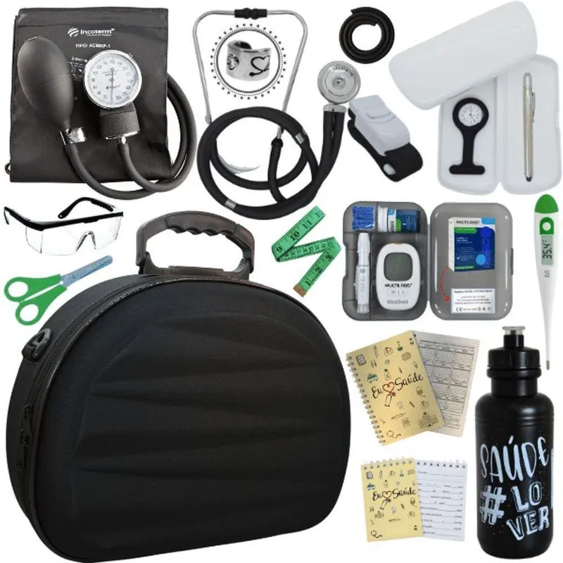 Kit Maleta Aparelho De Pressão Aneroide Esteto Esfigmomanometro Medidor De Glicose Preto