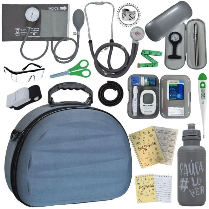 Kit Maleta Aparelho De Pressão Aneroide Esteto Esfigmomanometro Medidor De Glicose Cinza
