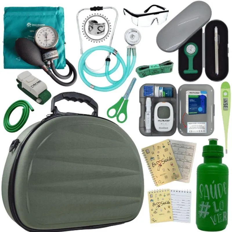 Kit Maleta Aparelho De Pressão Aneroide Esteto Esfigmomanometro Medidor De Glicose Verde