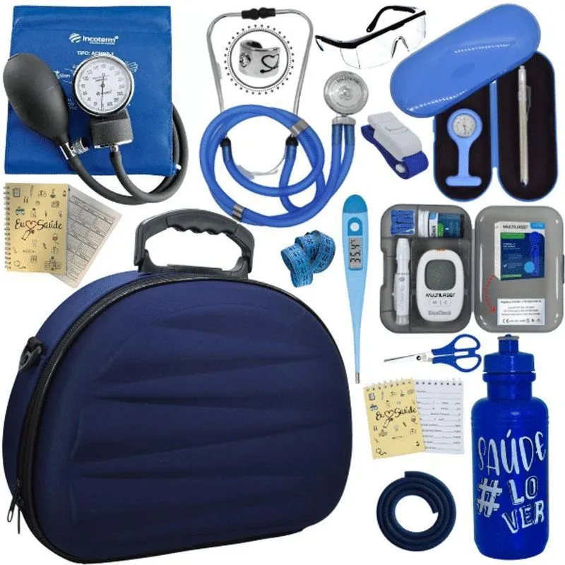 Kit Maleta Aparelho De Pressão Aneroide Esteto Esfigmomanometro Medidor De Glicose Azul