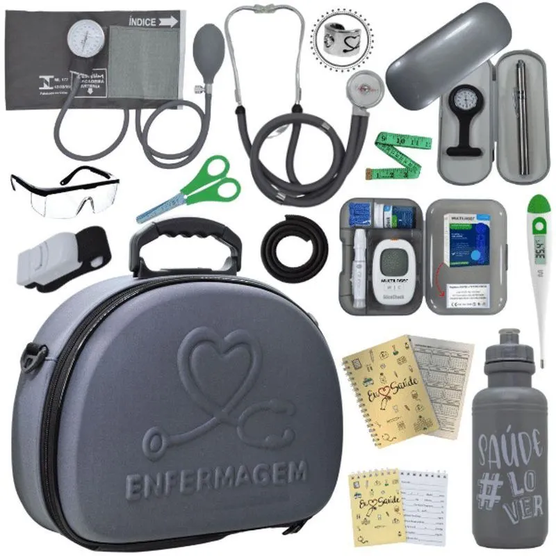 Kit Maleta Enfermagem Aparelho De Pressão Estetoscópio Aneroide Medidor De Glicose Cinza