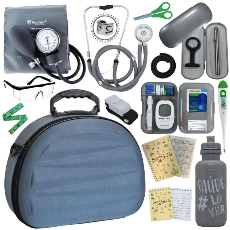 Kit Maleta Aparelho De Pressão Aneroide Esteto Esfigmomanometro Medidor De Glicose Cinza