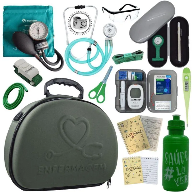Kit Maleta Enfermagem Aparelho De Pressão Estetoscópio Aneroide Medidor De Glicose Verde