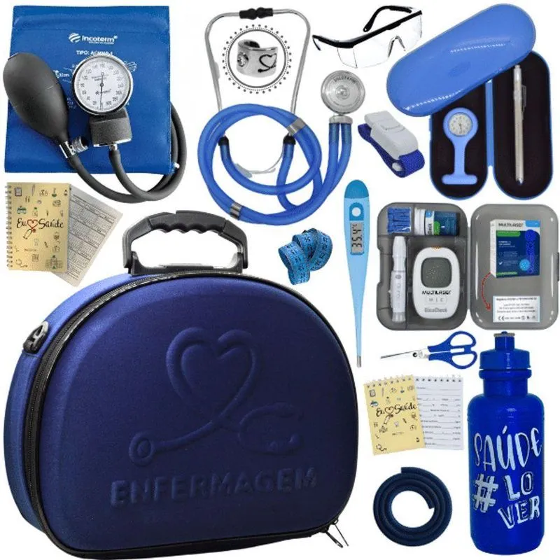Kit Maleta Enfermagem Aparelho De Pressão Estetoscópio Aneroide Medidor De Glicose Azul