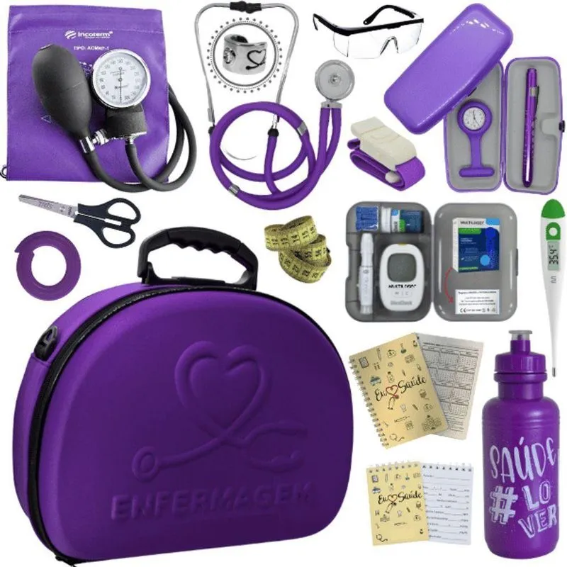 Kit Maleta Enfermagem Aparelho De Pressão Estetoscópio Aneroide Medidor De Glicose Violeta Escuro
