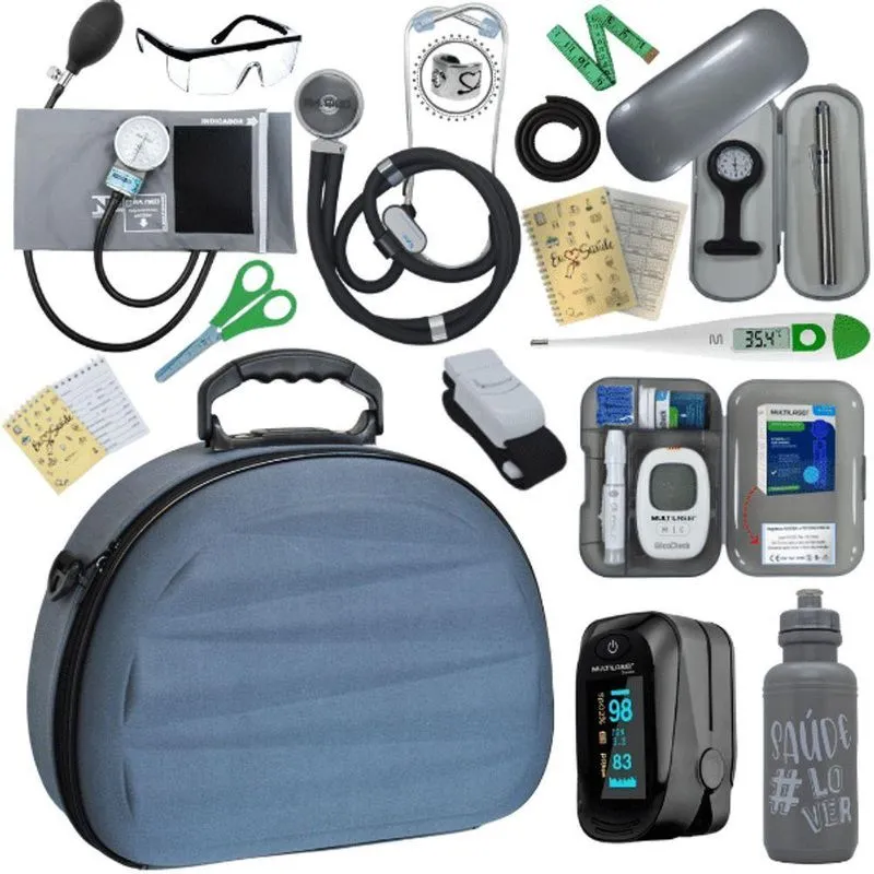 Kit Maleta Aparelho De Pressão Aneroide Esteto Esfigmomanometro Medidor De Glicose Completo Cinza