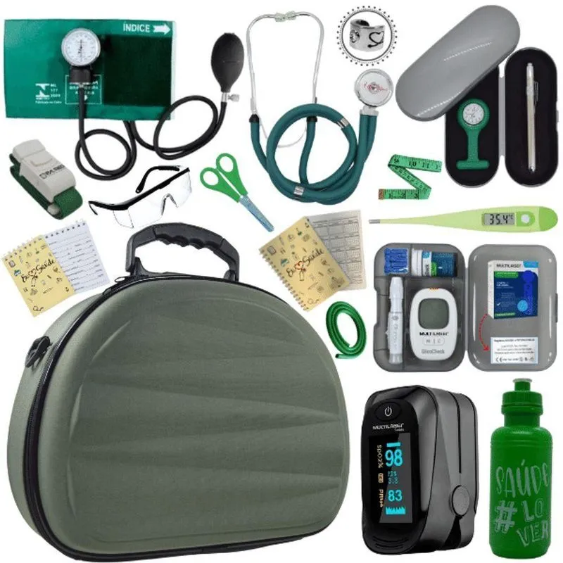 Kit Maleta Aparelho De Pressão Aneroide Esteto Esfigmomanometro Medidor De Glicose Completo Verde