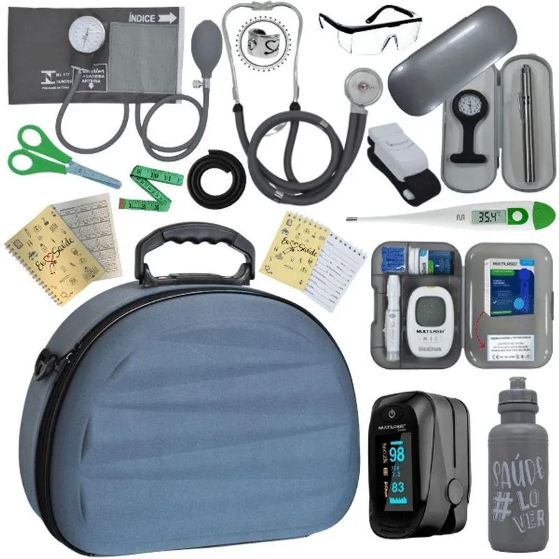 Kit Maleta Aparelho De Pressão Aneroide Esteto Esfigmomanometro Medidor De Glicose Completo Cinza