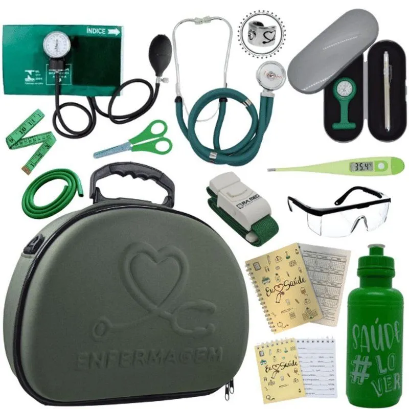 Kit Maleta Enfermagem Aparelho De Pressão Estetoscópio Aneroide Verde