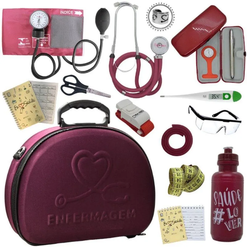 Kit Maleta Enfermagem Aparelho De Pressão Estetoscópio Aneroide Vermelho Escuro