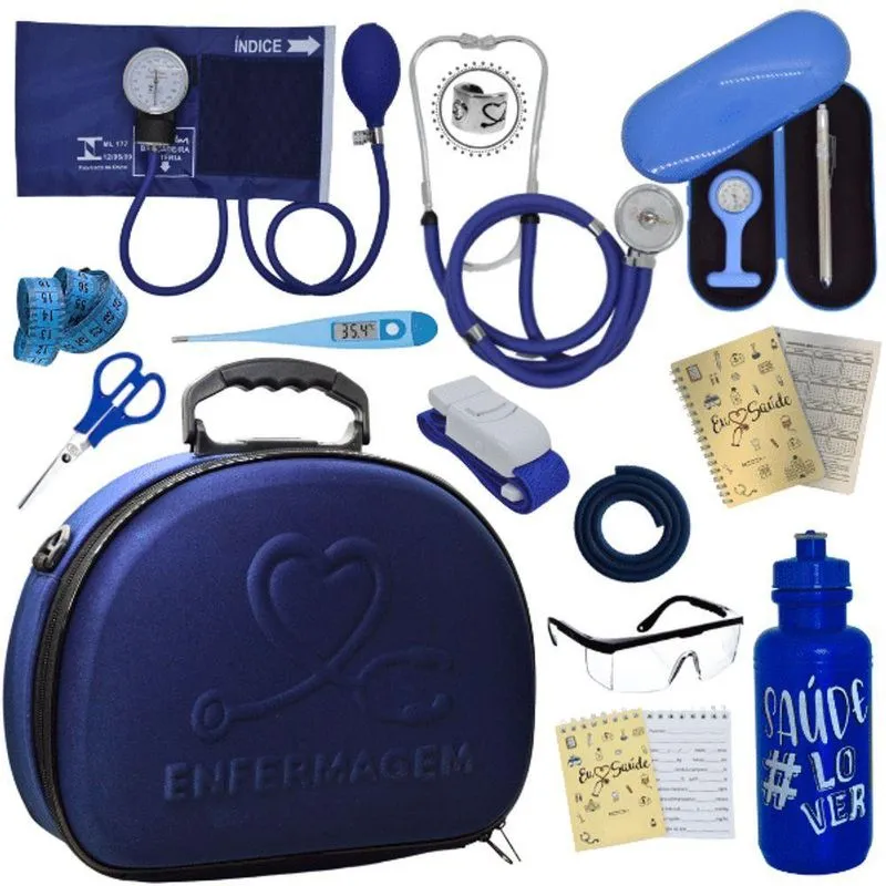 Kit Maleta Enfermagem Aparelho De Pressão Estetoscópio Aneroide Azul