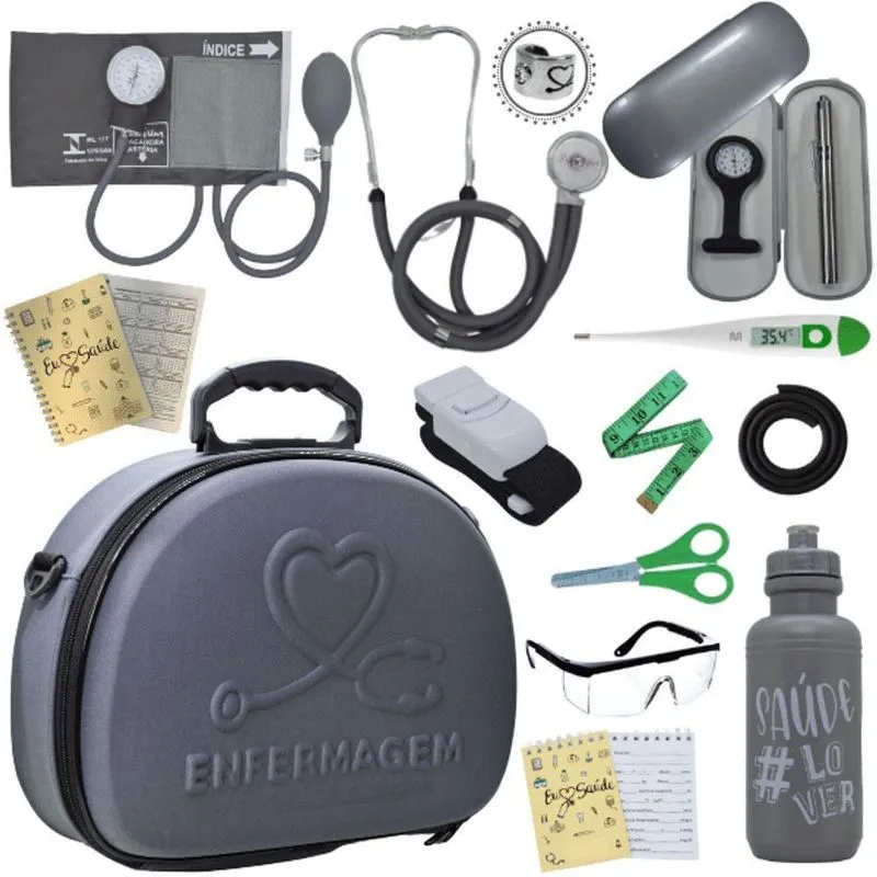Kit Maleta Enfermagem Aparelho De Pressão Estetoscópio Aneroide Cinza