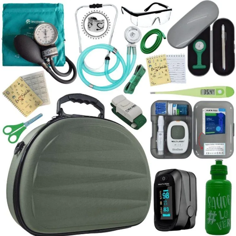 Kit Maleta Aparelho De Pressão Aneroide Esteto Esfigmomanometro Medidor De Glicose Completo Verde
