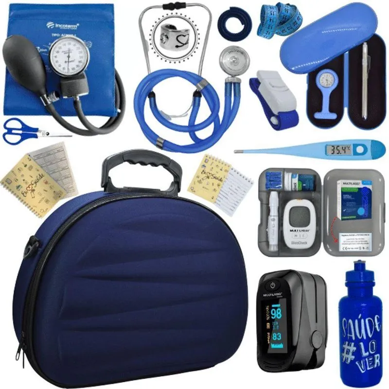 Kit Maleta Aparelho De Pressão Aneroide Esteto Esfigmomanometro Medidor De Glicose Completo Azul