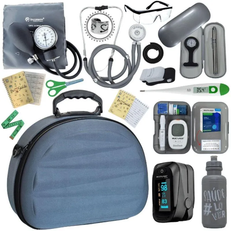 Kit Maleta Aparelho De Pressão Aneroide Esteto Esfigmomanometro Medidor De Glicose Completo Cinza