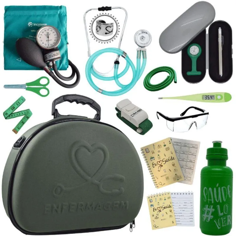 Kit Maleta Enfermagem Aparelho De Pressão Estetoscópio Aneroide Verde