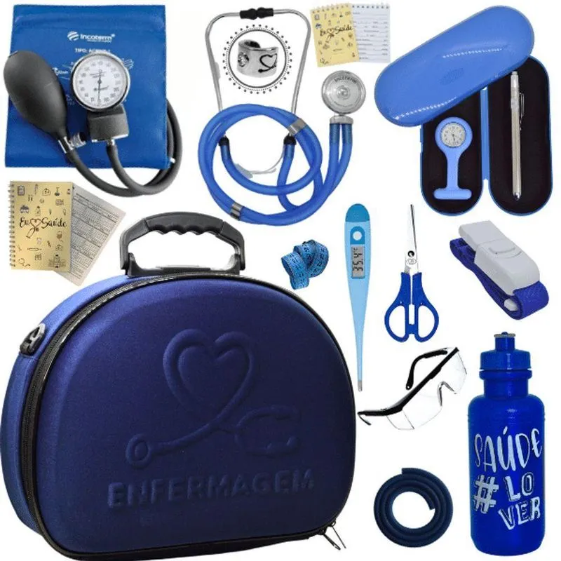 Kit Maleta Enfermagem Aparelho De Pressão Estetoscópio Aneroide Azul