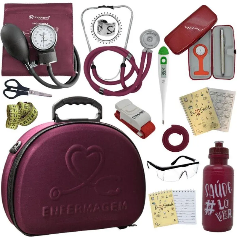 Kit Maleta Enfermagem Aparelho De Pressão Estetoscópio Aneroide Vermelho Escuro