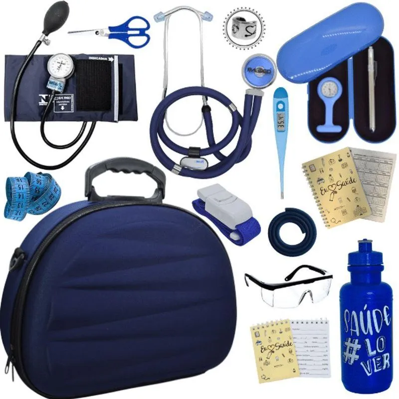 Kit Maleta Aparelho De Pressão Aneroide Esteto Esfigmomanometro Azul