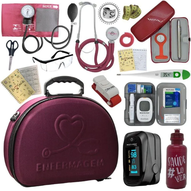 Kit Maleta Enfermagem Aparelho De Pressão Estetoscópio Aneroide Medidor De Glicose Completo Vermelho Escuro
