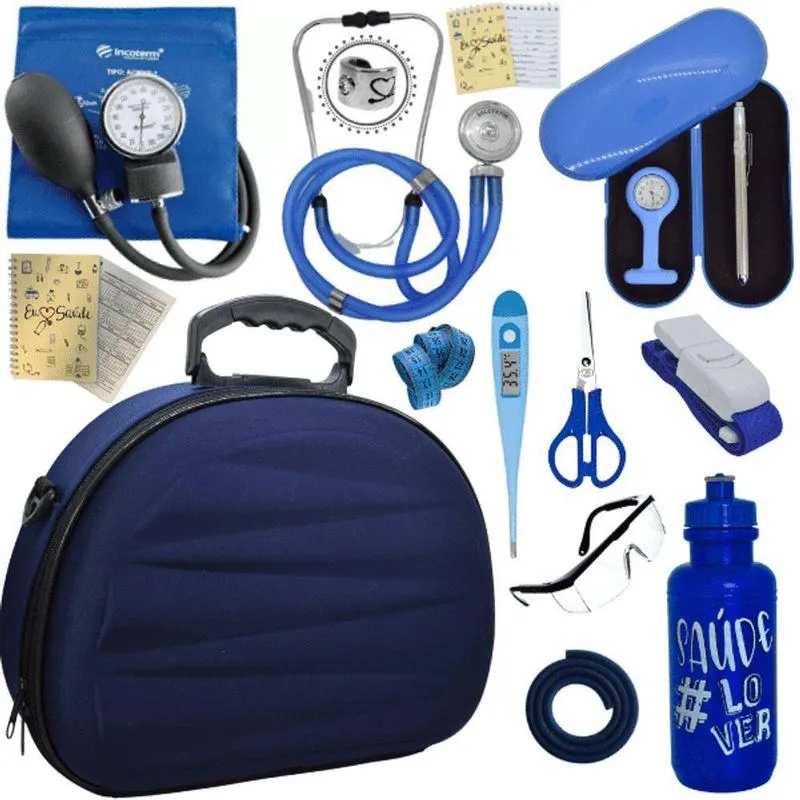Kit Maleta Aparelho De Pressão Aneroide Esteto Esfigmomanometro Azul