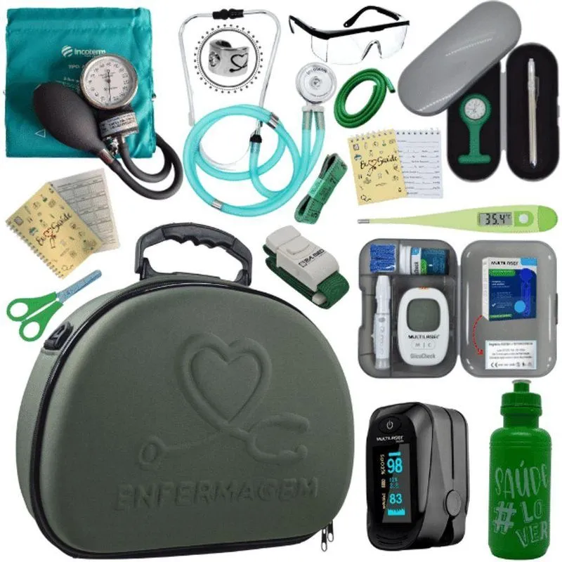 Kit Maleta Enfermagem Aparelho De Pressão Estetoscópio Aneroide Medidor De Glicose Completo Verde