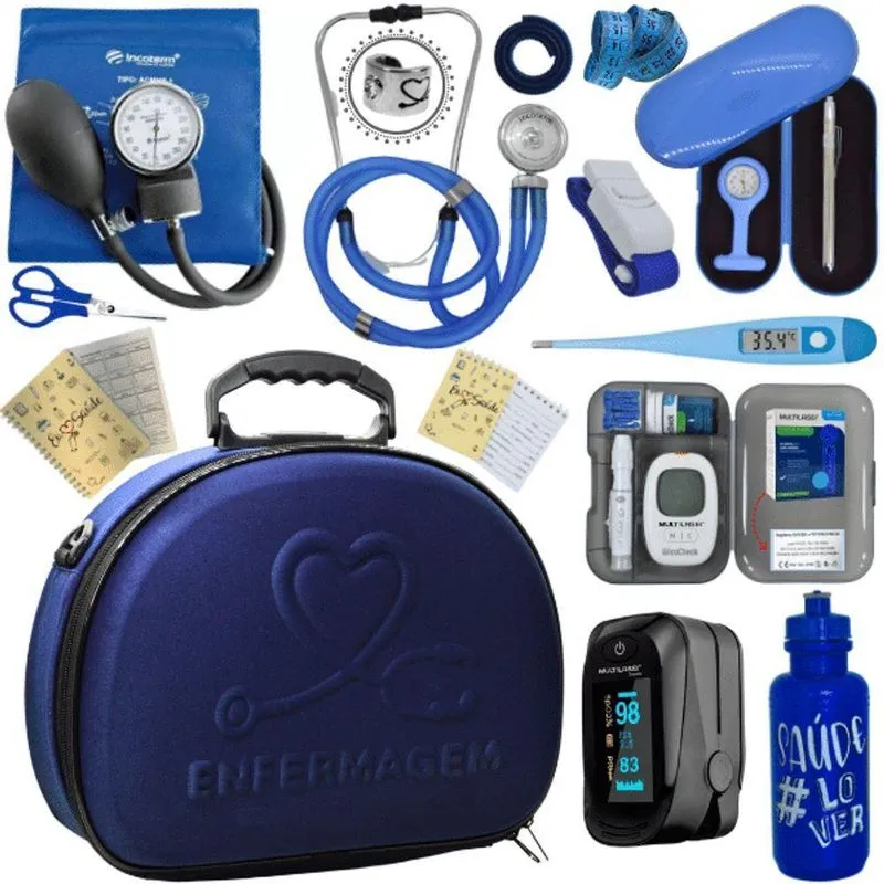 Kit Maleta Enfermagem Aparelho De Pressão Estetoscópio Aneroide Medidor De Glicose Completo Azul