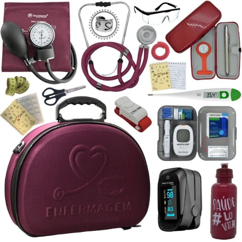 Kit Maleta Enfermagem Aparelho De Pressão Estetoscópio Aneroide Medidor De Glicose Completo Vermelho Escuro