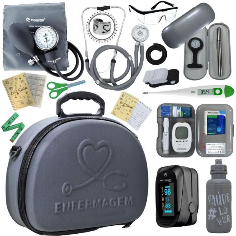 Kit Maleta Enfermagem Aparelho De Pressão Estetoscópio Aneroide Medidor De Glicose Completo Cinza