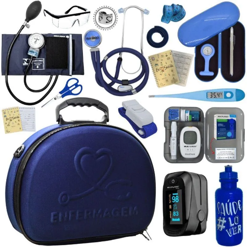 Kit Maleta Enfermagem Aparelho De Pressão Estetoscópio Aneroide Medidor De Glicose Completo Azul