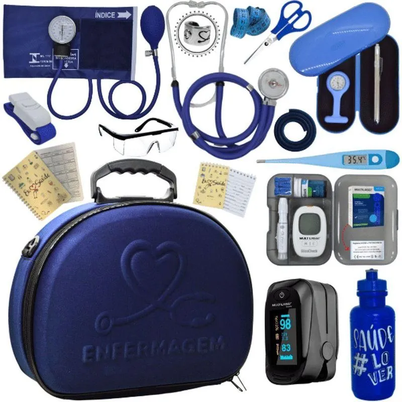 Kit Maleta Enfermagem Aparelho De Pressão Estetoscópio Aneroide Medidor De Glicose Completo Azul