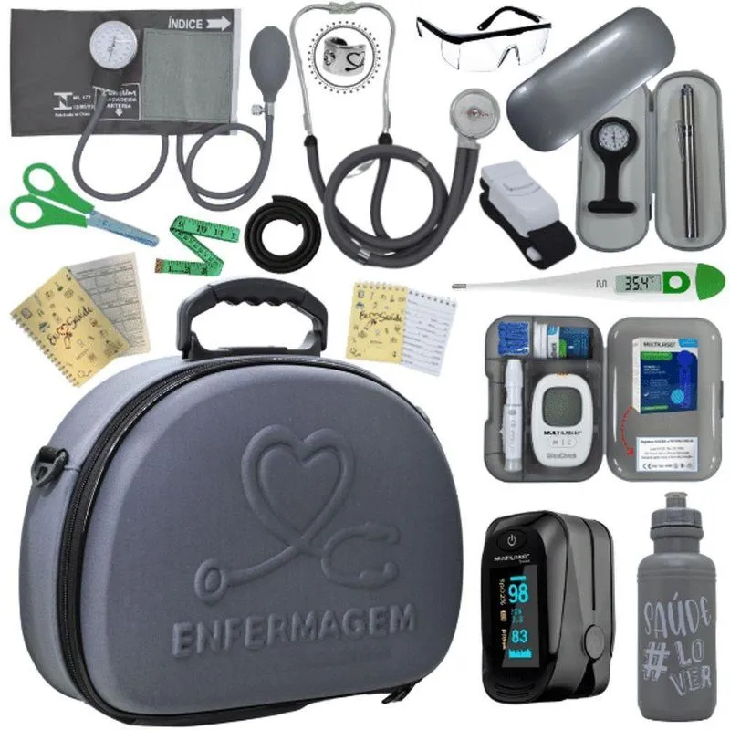 Kit Maleta Enfermagem Aparelho De Pressão Estetoscópio Aneroide Medidor De Glicose Completo Cinza