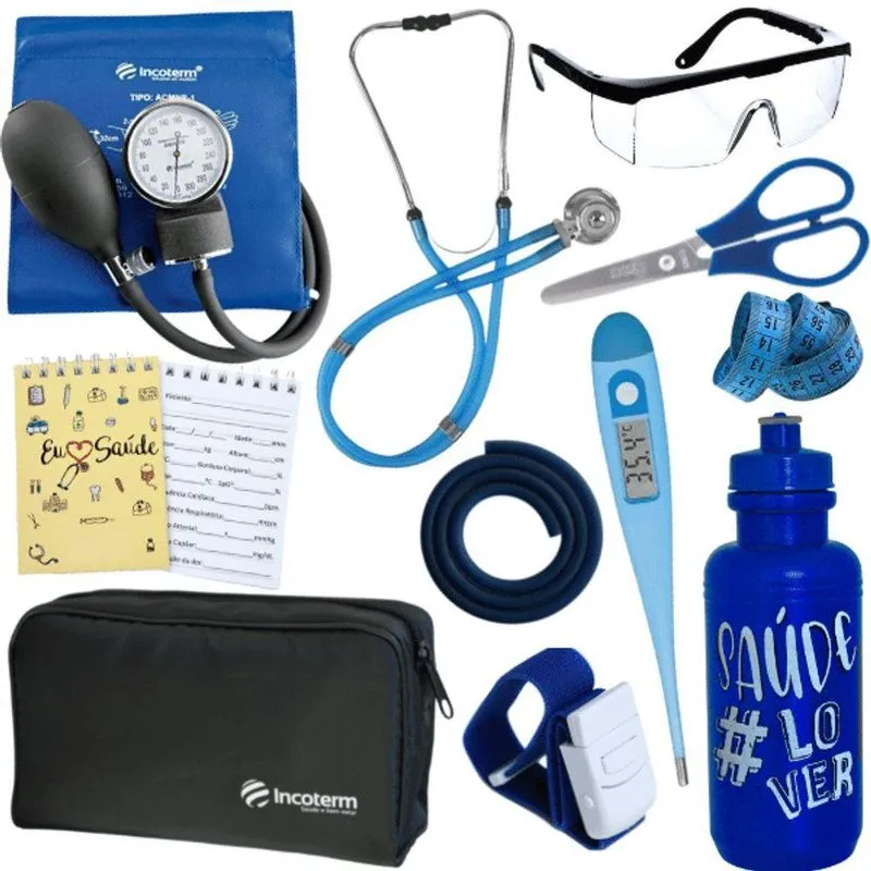 Kit Enfermagem Estágio Aparelho Pressão Estetoscópio Azul