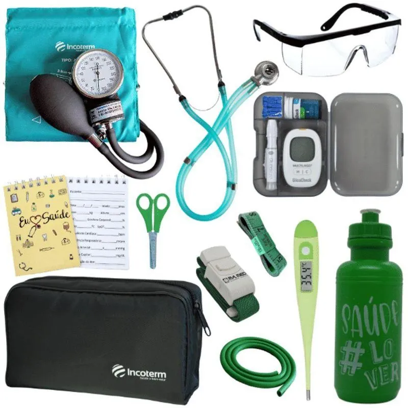 Kit Enfermagem Estágio Aparelho Pressão Estetoscópio Medidor Verde