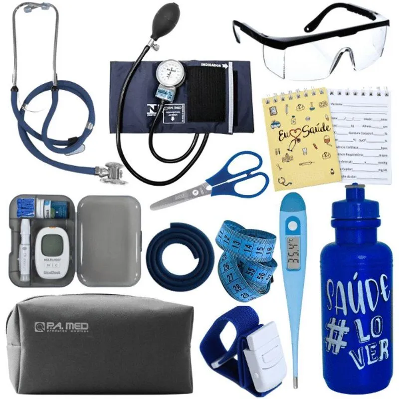 Kit Enfermagem Estágio Aparelho Pressão Estetoscópio Medidor Glicose Azul