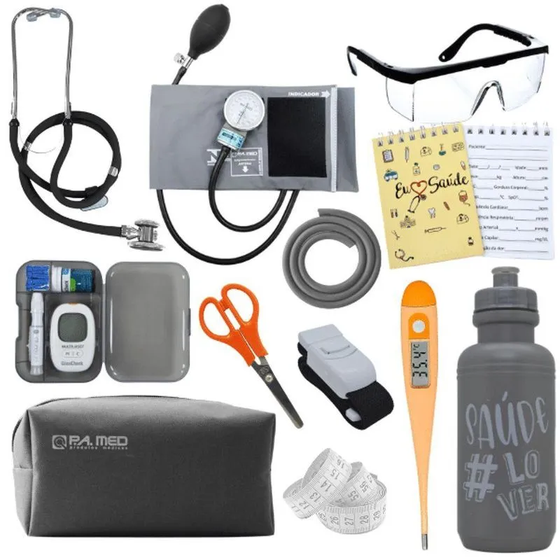 Kit Enfermagem Estágio Aparelho Pressão Estetoscópio Medidor Glicose Cinza