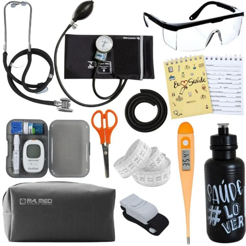 Kit Enfermagem Estágio Aparelho Pressão Estetoscópio Medidor Glicose Preto