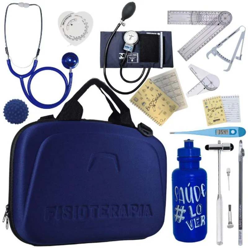 Kit Maleta Fisioterapia Goniômetro Pequeno Grande Martelo Buck Adipômetro Azul