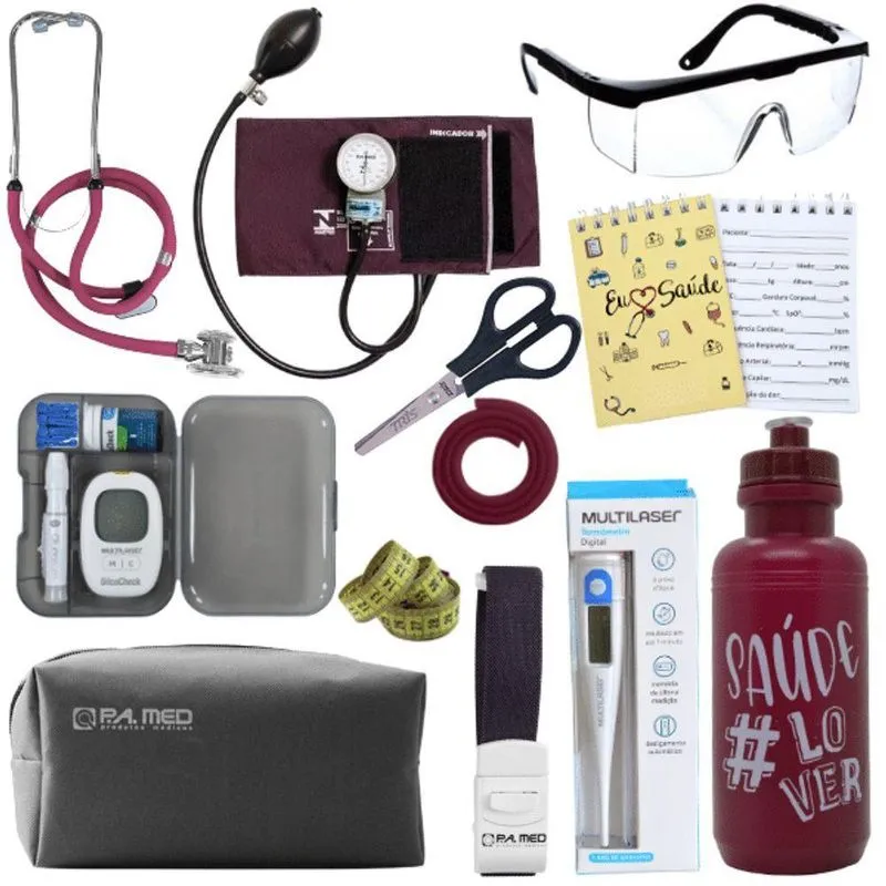 Kit Enfermagem Estágio Aparelho Pressão Estetoscópio Medidor Glicose Vermelho Escuro