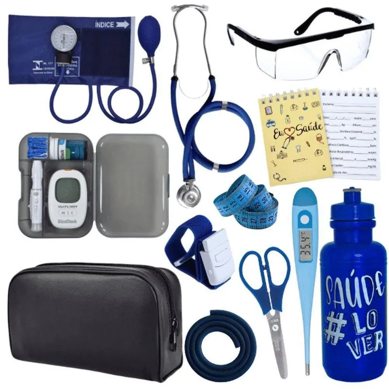 Kit Enfermagem Estágio Aparelho Pressão Estetoscópio Medidor Azul