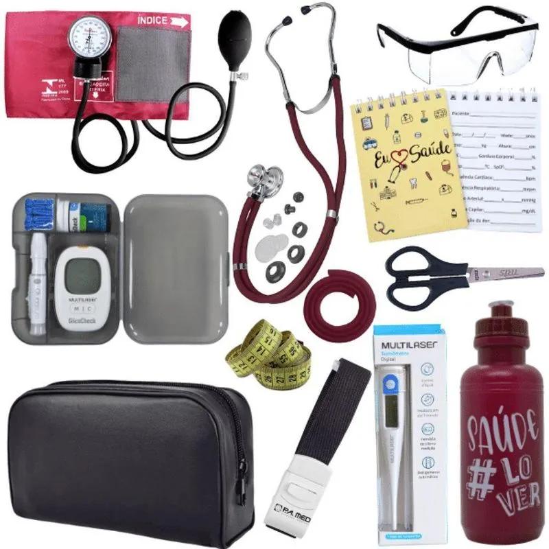 Kit Enfermagem Estágio Aparelho Pressão Estetoscópio Medidor Vermelho Escuro