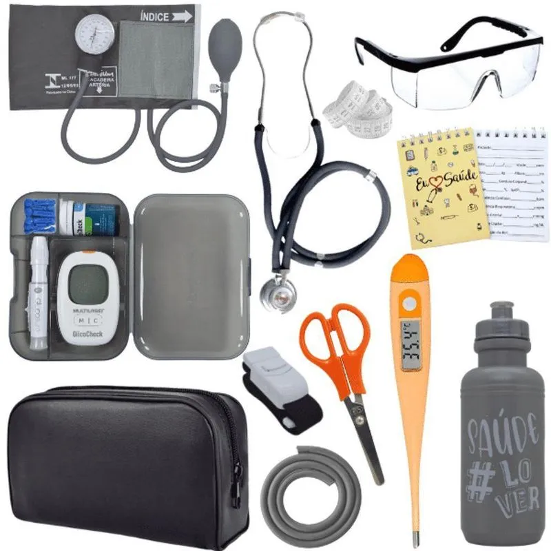 Kit Enfermagem Estágio Aparelho Pressão Estetoscópio Medidor Cinza
