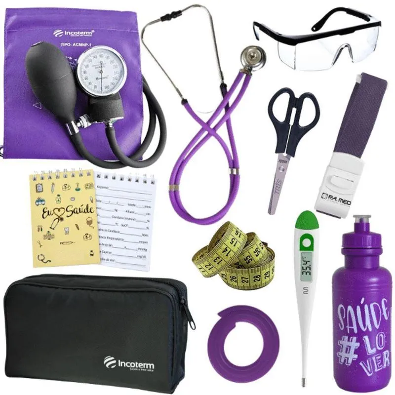 Kit Enfermagem Estágio Aparelho Pressão Estetoscópio Violeta Escuro
