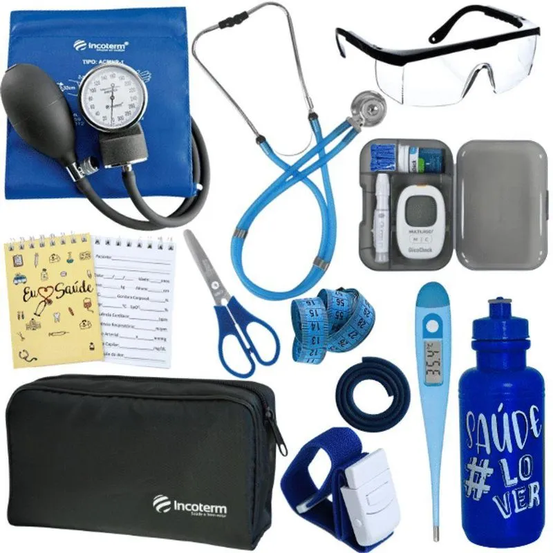 Kit Enfermagem Estágio Aparelho Pressão Estetoscópio Medidor Azul